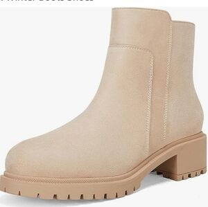 Coutgo Lug Sole Chunky Block Heel Round Toe Ankle Booties Beige Size 9.5